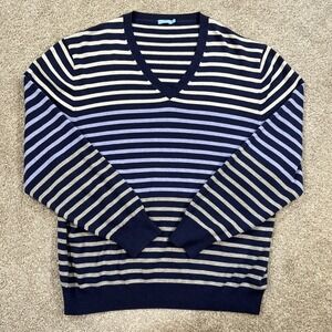 J.McLaughlin Sweater XL‎ Navy Blue Stripe V Neck Cotton Knit Pullover Classic